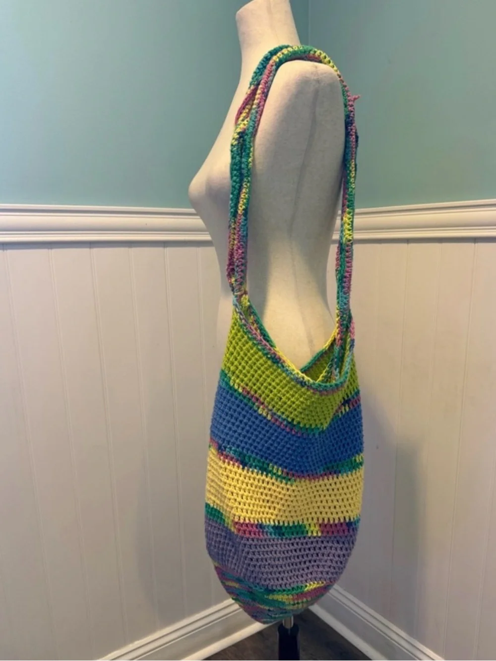Summer Bag Large Handmade Multicolor Crochet Tote Bag Yellow Blue Green Purple